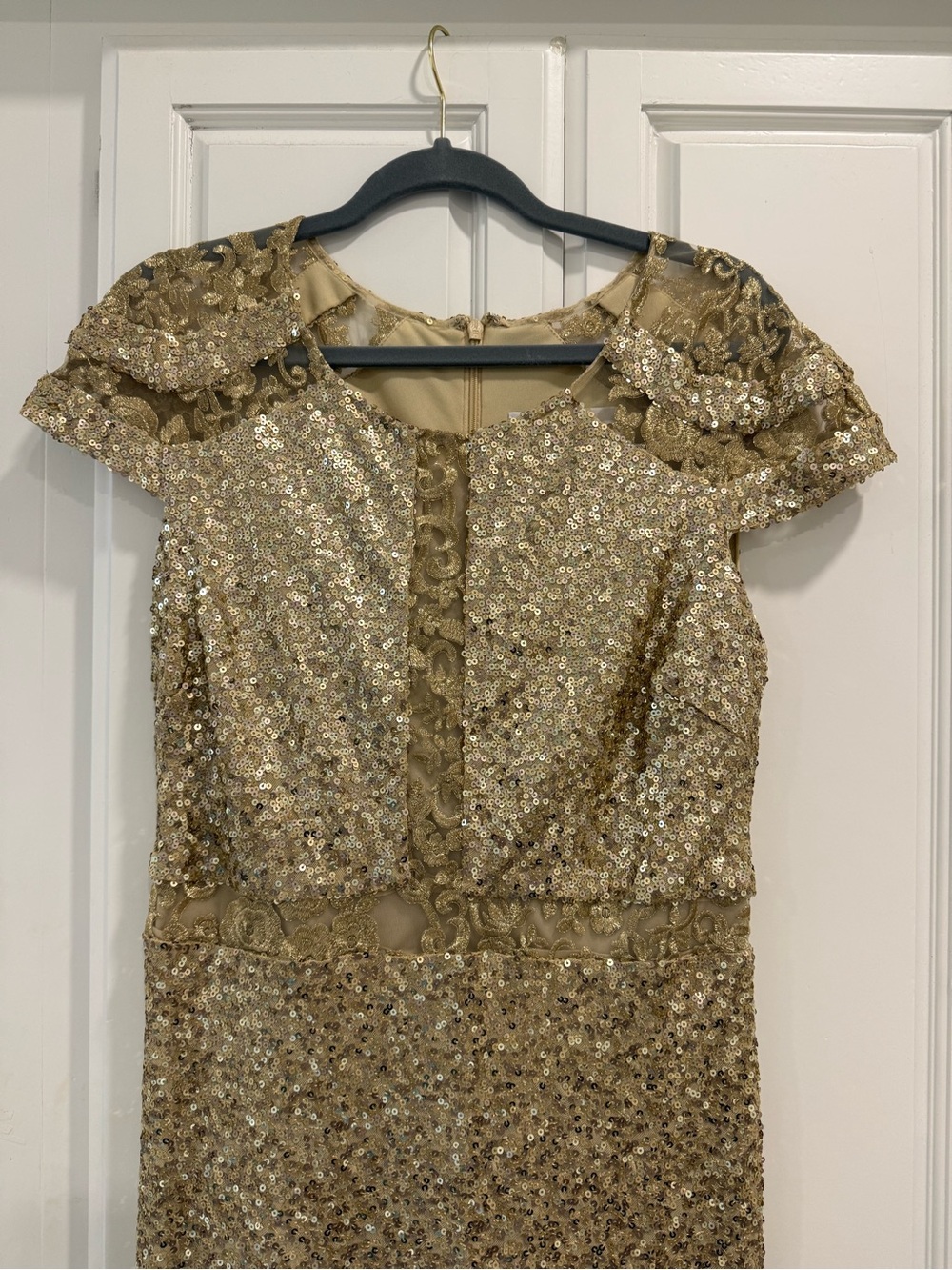 Badgley Mischka Gold Sequin Evening Dress with Lace Accents